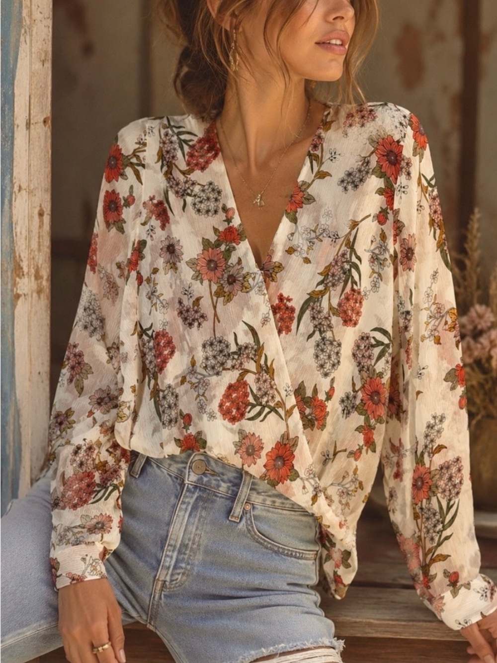 Kut from the Kloth Cream Floral Surplice Wrap Blouse